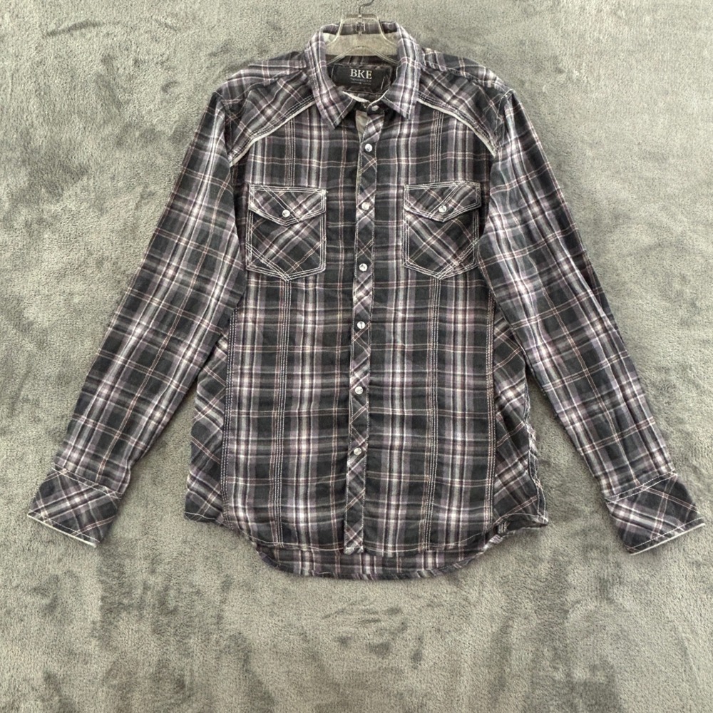 BKE Tailored Fit Snap Shirt Mens M Gray Purple Plaid Long Sleeve 11612FPW